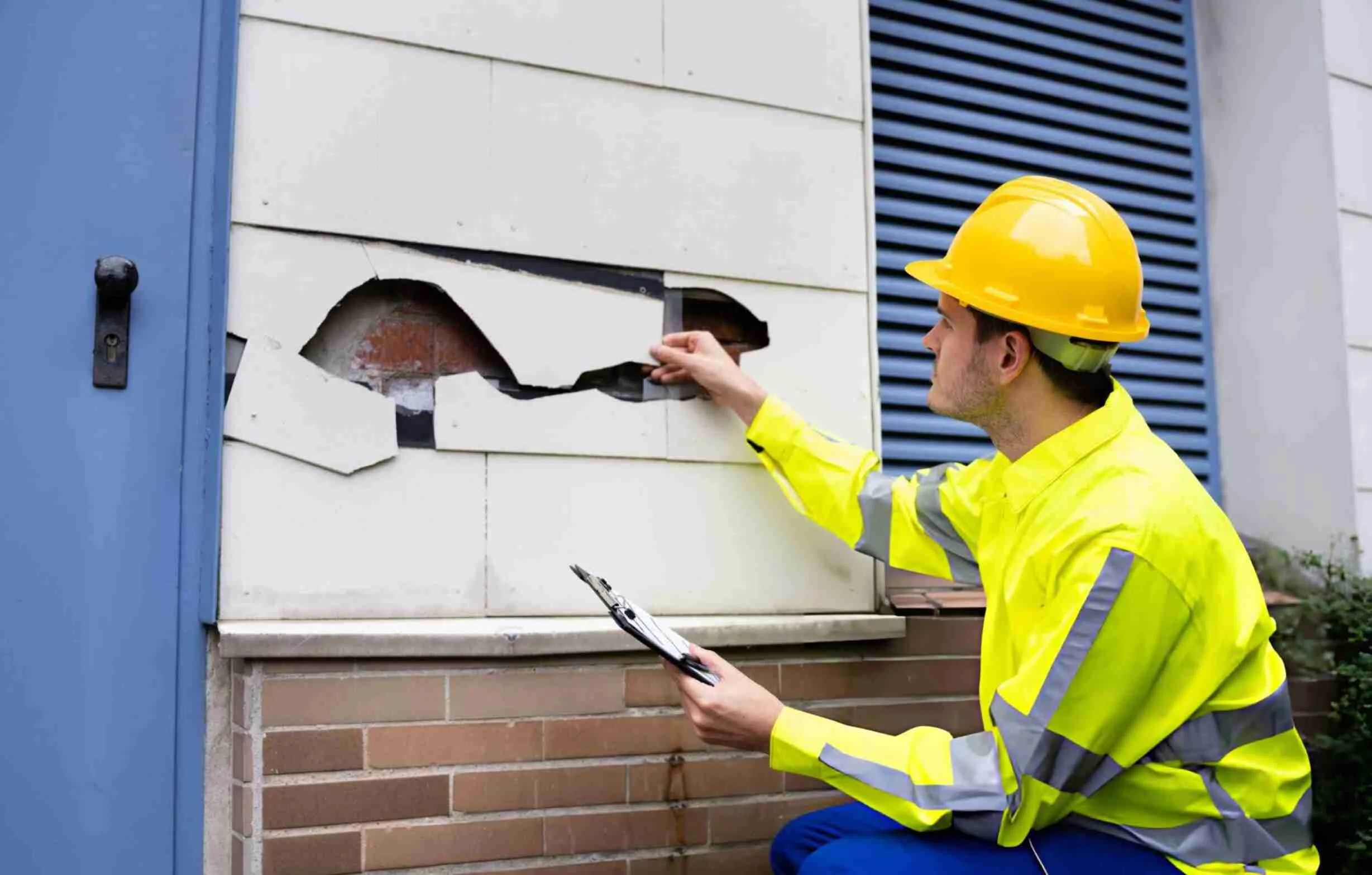 Public Adjuster Near Me Damage Inspection Public adjuster near me—inspector in hard hat documenting cracked exterior wall damage with clipboard.