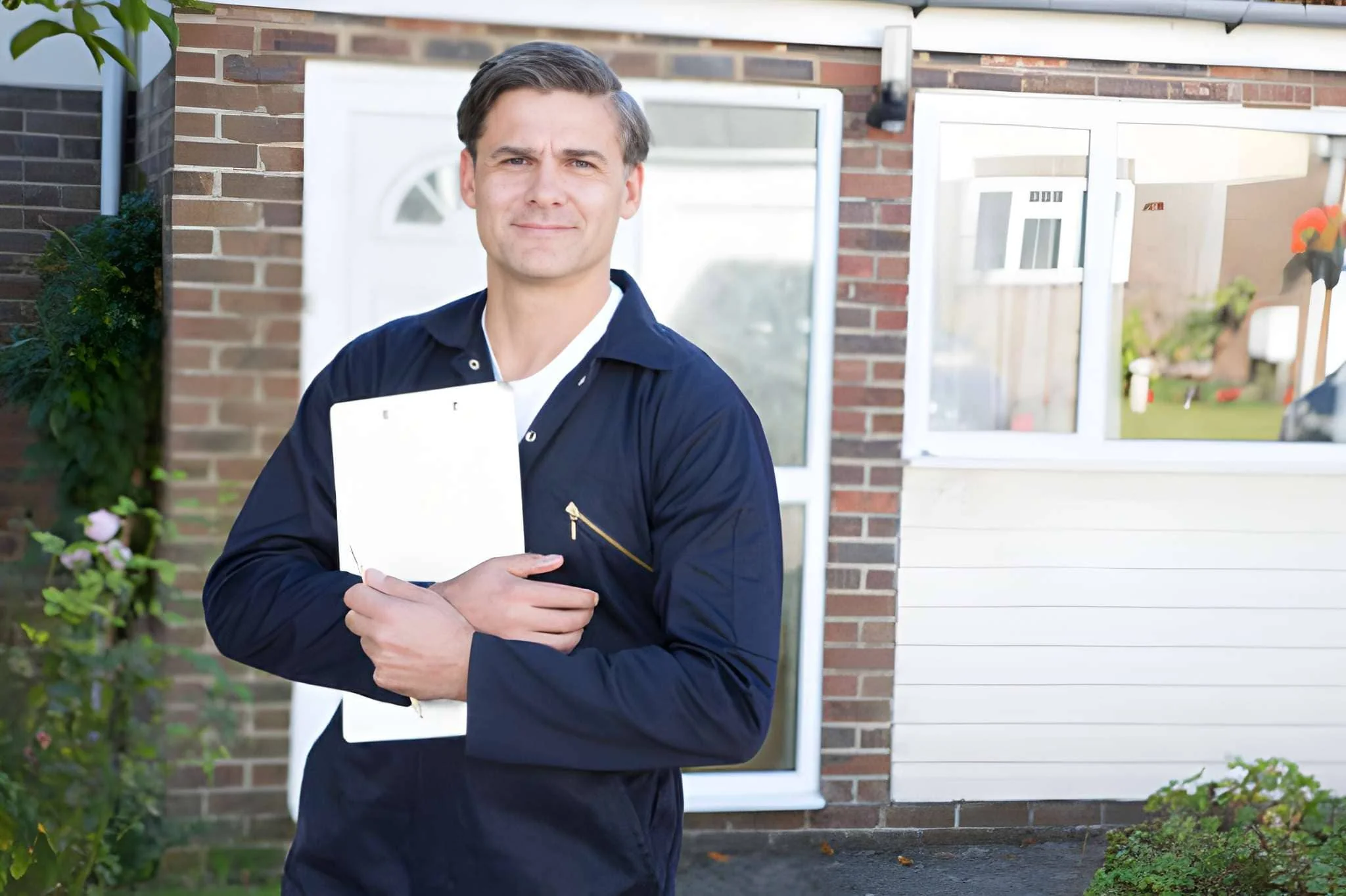 Public adjuster Vero Beach—professional in coveralls with clipboard inspecting residential property exterior.