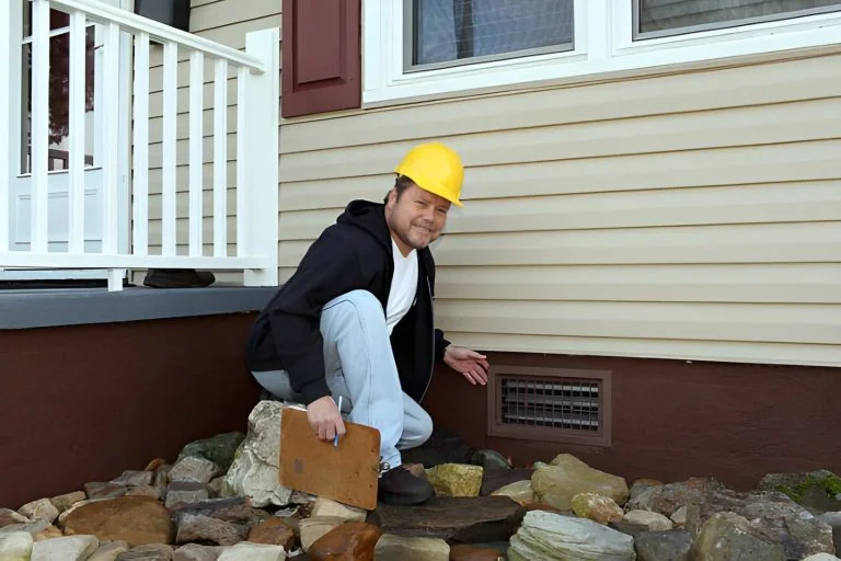 Flood claims public adjuster West Palm Beach—inspector assessing foundation vent and property exterior with clipboard.
