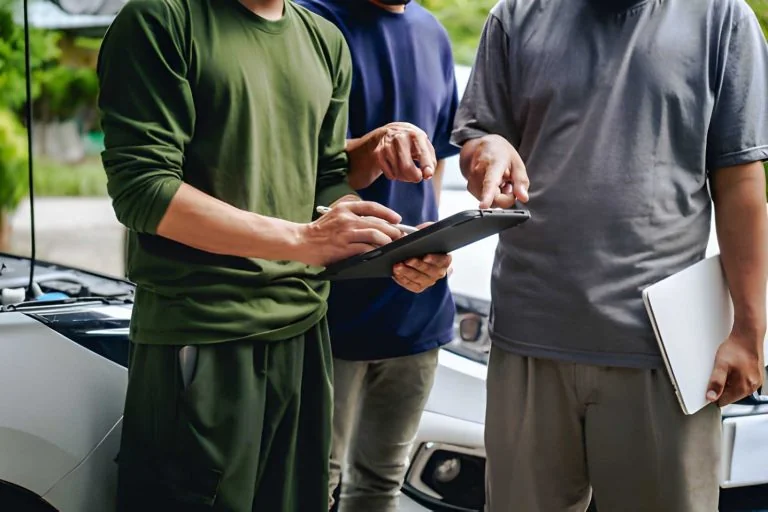 Palm Beach Gardens commercial claims public adjuster reviewing vehicle damage with team using digital tools